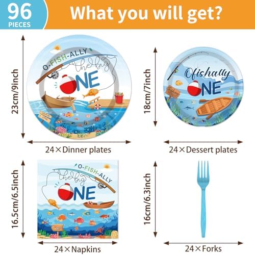Fishing Themed 1st Birthday Tableware Set - 96PCS for 24 Guests