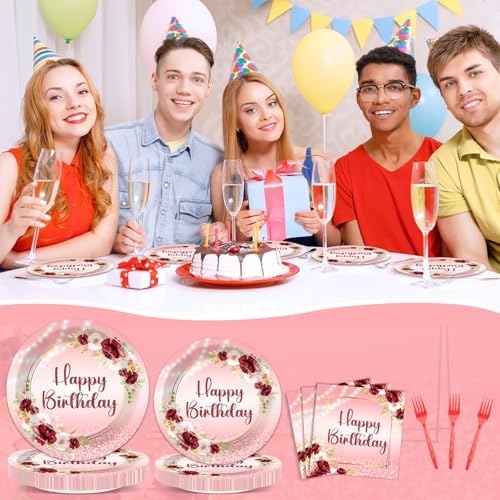 Burgundy Floral 96Pcs Birthday Party Plates Set