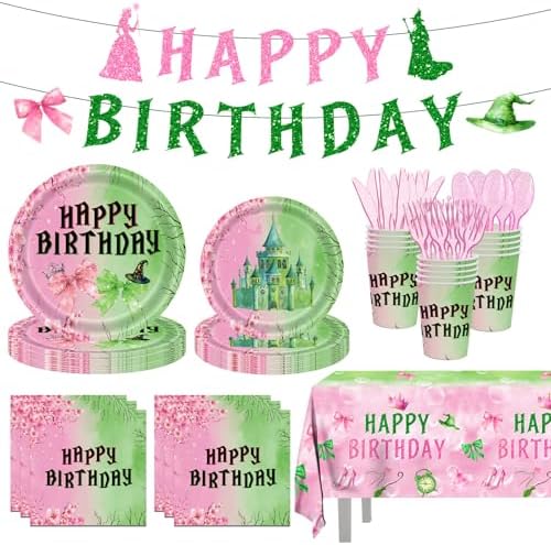 142pcs Pink Green Witch Party Tableware Set
