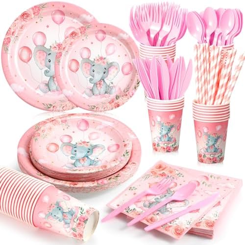 Spakon 200 Pcs Baby Shower Paper Plates Cups Napkins Set