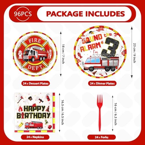 96Pcs Fire Truck 3rd Birthday Party Decorations Set