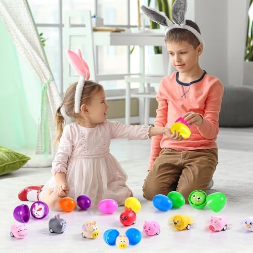 24 Set 48PCS Prefilled Easter Eggs with Mini Animal Cars