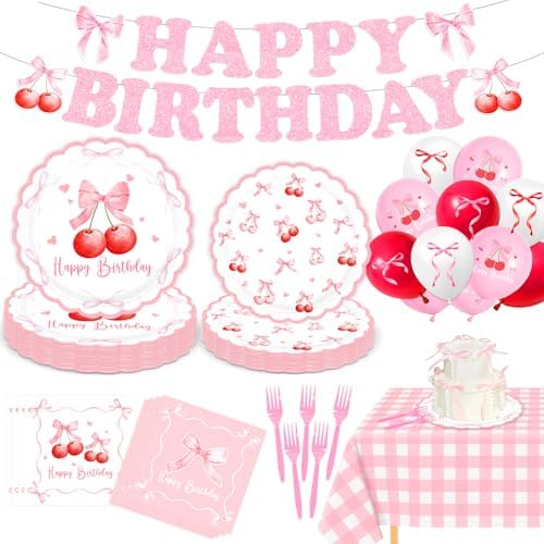 Cherry Birthday Decor Plates Bow Napkins Cups Set