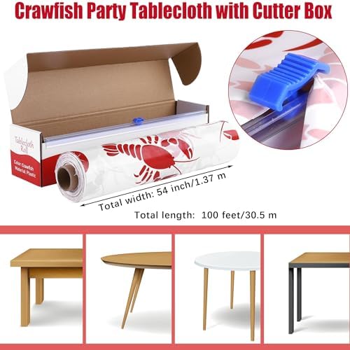 100 Ft White and Red Crawfish Tablecloth Roll with Cutter Box