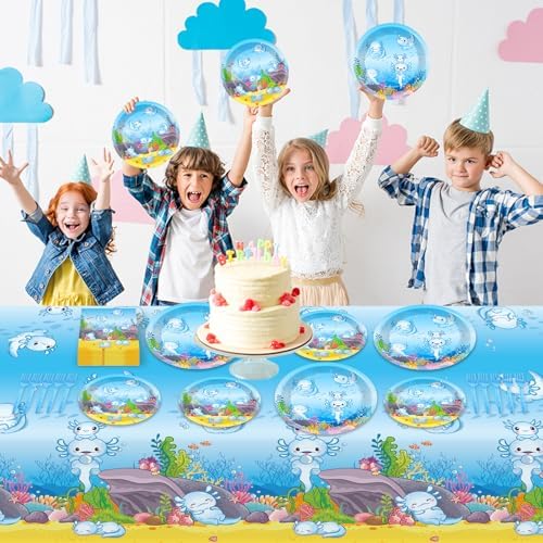 24 Guests Blue Axolotl Party Decor Plates Set