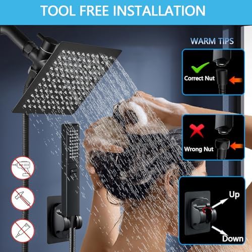 6 Inch Square High Pressure Rain Shower Head with Handheld Spray Combo