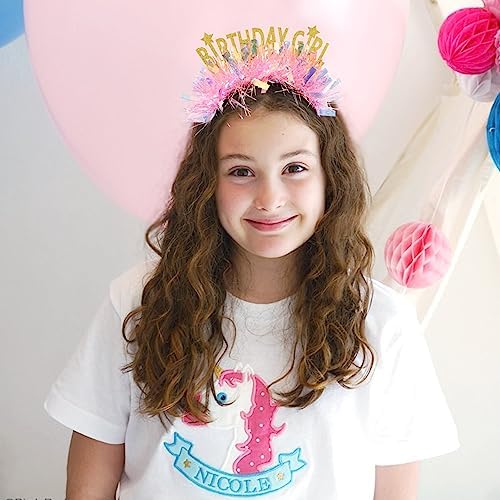 Gold Birthday Girl Headband with Stars and Pink Flowers