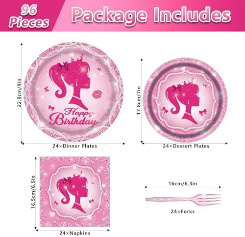 Pink Girl Party Plates and Napkins Set for 24