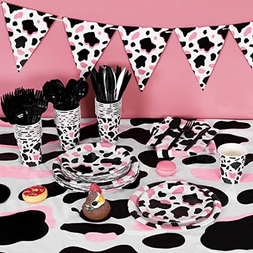 Durony 198 Piece Pink Cow Print Party Tableware Set