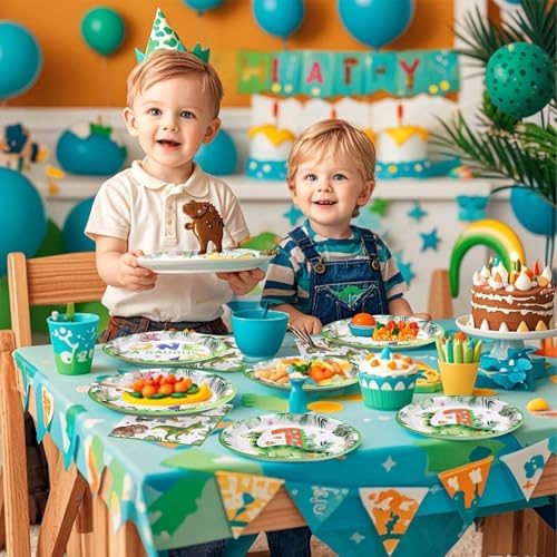 Grencian Dinosaur 1st Birthday Party Plates Set for 24 Guests