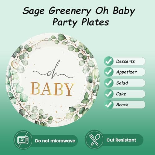 50PCS Sage Green Eucalyptus Baby Shower Plates 7Inch