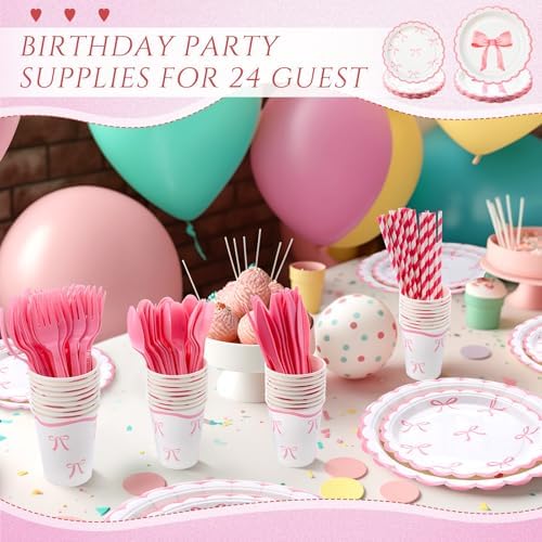 192 Pcs Pink Bow Party Tableware for 24 Guests