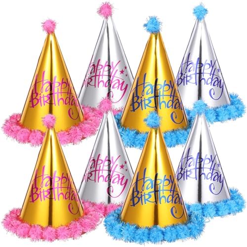 LOGOFUN 8PCS Birthday Party Hats Metallic Foil Paper Caps for Kids
