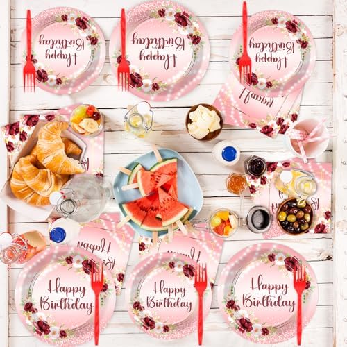 Burgundy Floral 96Pcs Birthday Party Plates Set