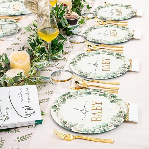 50PCS Sage Green Eucalyptus Baby Shower Plates 7Inch