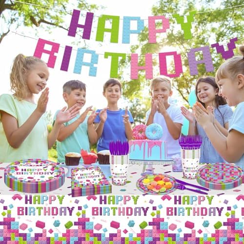 98PCS Building Blocks Party Tableware Set for 16 Guests