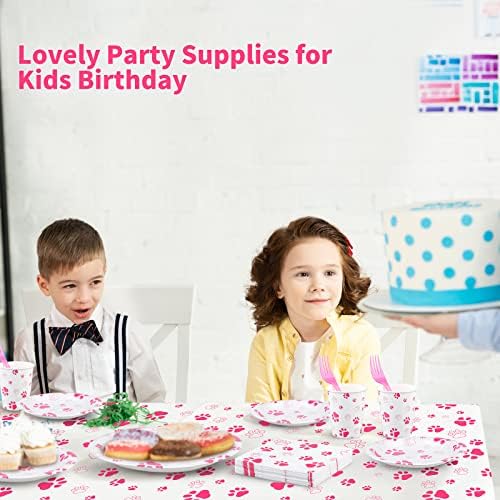 Durony 121 Piece Pink Paw Print Party Tableware Set