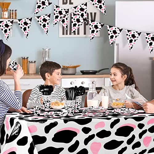 Durony 198 Piece Pink Cow Print Party Tableware Set