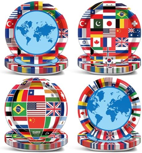 Wiooffen 80Pcs International World Flags Paper Plates Party Decor