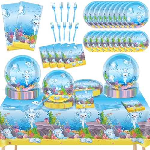 24 Guests Blue Axolotl Party Decor Plates Set