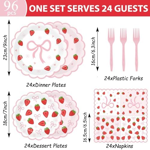 96 Pcs Strawberry Party Plates and Napkins Bow Set