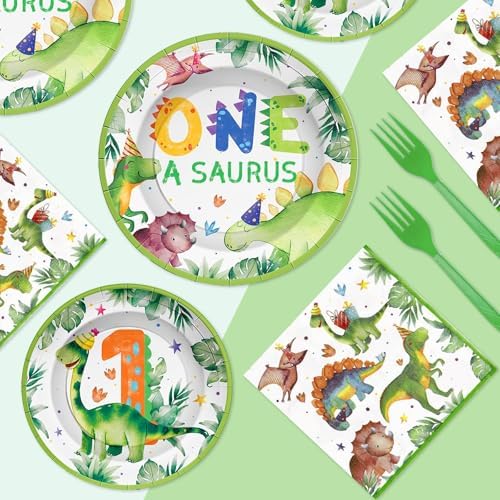 Grencian Dinosaur 1st Birthday Party Plates Set for 24 Guests
