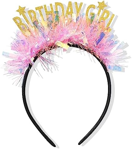 Gold Birthday Girl Headband with Stars and Pink Flowers