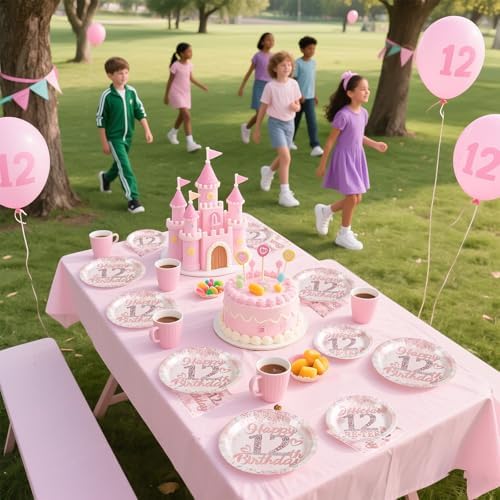 Rose Gold 12th Birthday Plates Napkins Set for Girls Party
