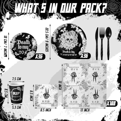 Hushee 324 Pcs Death to My 20s Black Tableware Set
