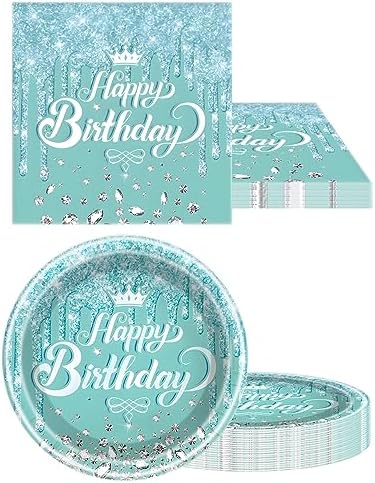 Teal and Silver Glitter Birthday Tableware Set