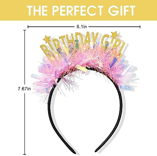 Gold Birthday Girl Headband with Stars and Pink Flowers