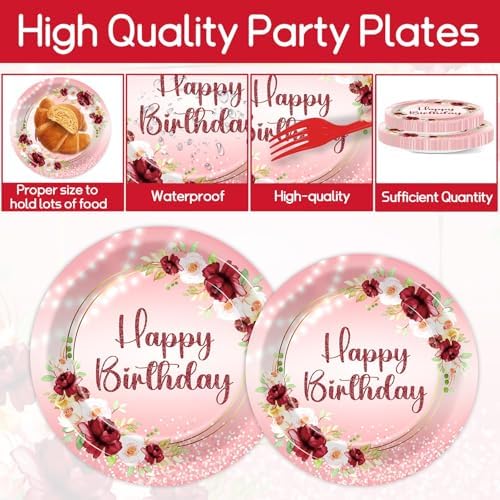 Burgundy Floral 96Pcs Birthday Party Plates Set