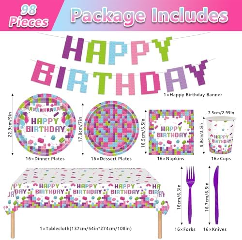 98PCS Building Blocks Party Tableware Set for 16 Guests