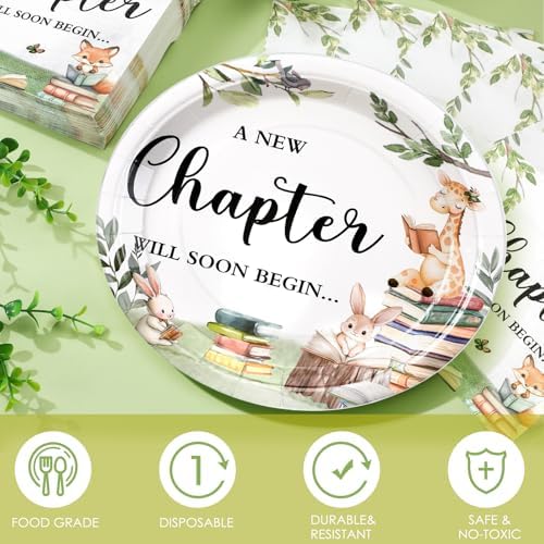 Hushee 200 Pcs Book Baby Shower Paper Plates Napkins Cups