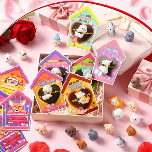 Zhanmai 48 Pcs Dog Valentines Day Gift Set with Figurines and Cards