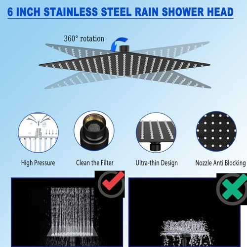 6 Inch Square High Pressure Rain Shower Head with Handheld Spray Combo