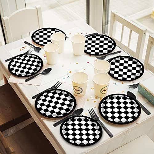 48 Pieces Checkered Flag Party Plates for Race Car Theme Celebrations
