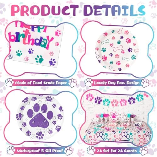 Gejoy 96 Pcs Dog Paw Party Tableware Kit for 24 Guests