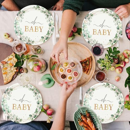 50PCS Sage Green Eucalyptus Baby Shower Plates 7Inch