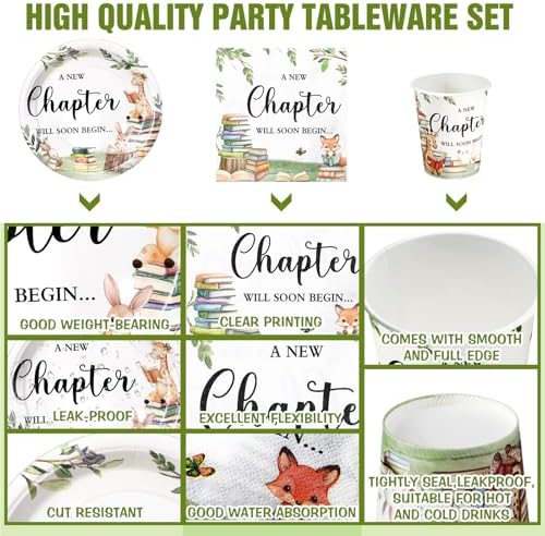 Hushee 200 Pcs Book Baby Shower Paper Plates Napkins Cups