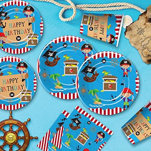Pirate Party Tableware Set for Kids - 24pcs Plates Napkins Forks Tablecloth
