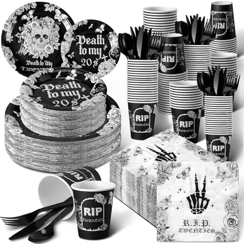 Hushee 324 Pcs Death to My 20s Black Tableware Set