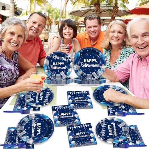 Retirement Party Plates Napkins Set 96 Pcs Blue Silver