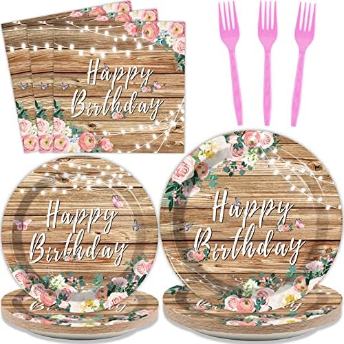 96PCS Rustic Floral Birthday Plates for 24 Guests