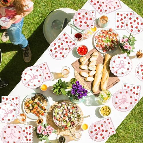 96 Pcs Strawberry Party Plates and Napkins Bow Set