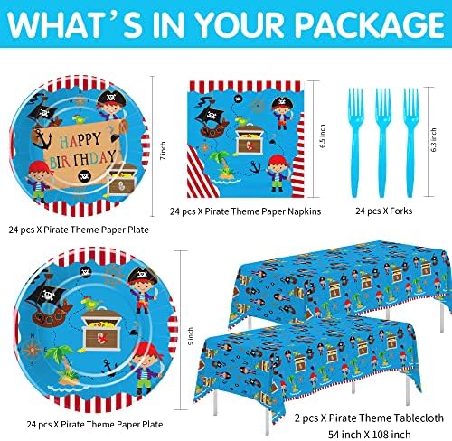 Pirate Party Tableware Set for Kids - 24pcs Plates Napkins Forks Tablecloth