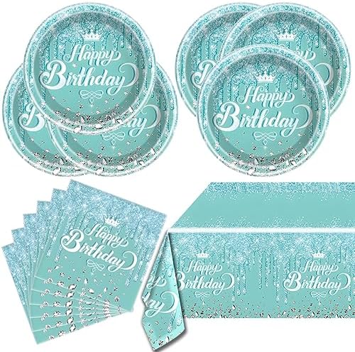 Teal and Silver Glitter Birthday Tableware Set