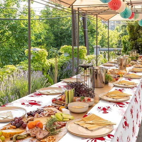 100 Ft White and Red Crawfish Tablecloth Roll with Cutter Box