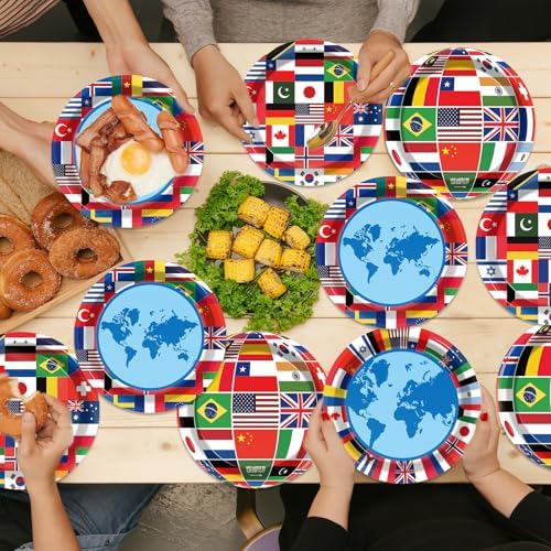 Wiooffen 80Pcs International World Flags Paper Plates Party Decor