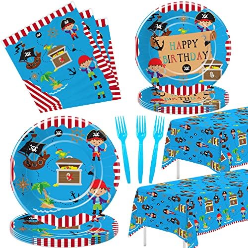 Pirate Party Tableware Set for Kids - 24pcs Plates Napkins Forks Tablecloth